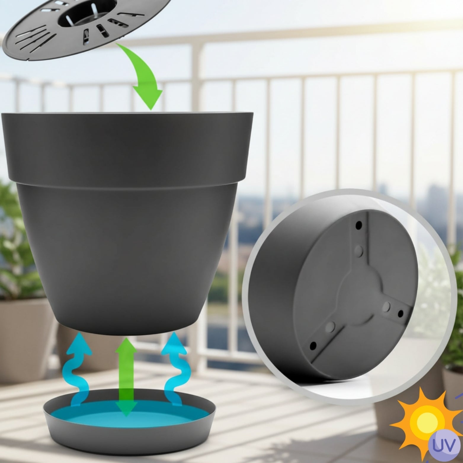 FLINKO 3er Set Blumentöpfe Ø40 cm mit Untersetzer