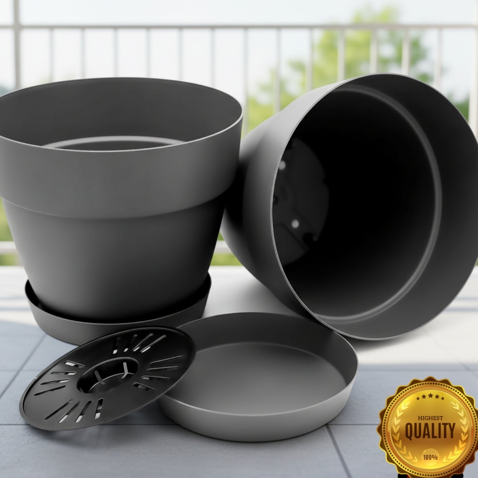 FLINKO 3er Set Blumentöpfe Ø40 cm mit Untersetzer