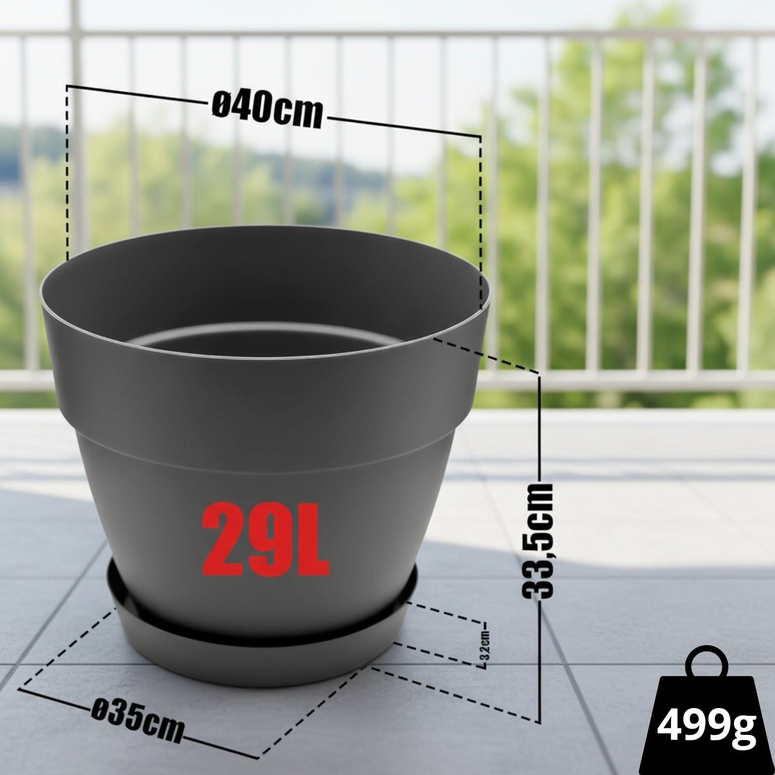 FLINKO 3er Set Blumentöpfe Ø40 cm mit Untersetzer