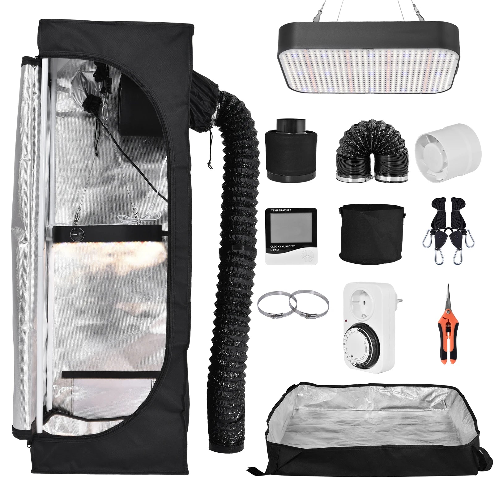 Growzelt Komplettset mit LED Vollspektrum Lampe, Lüfter & Aktivkohlefilter